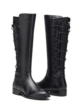 NWT ALLONSI Cora Black Leather Back Lace-Up Knee High Riding Boots, Sz 6